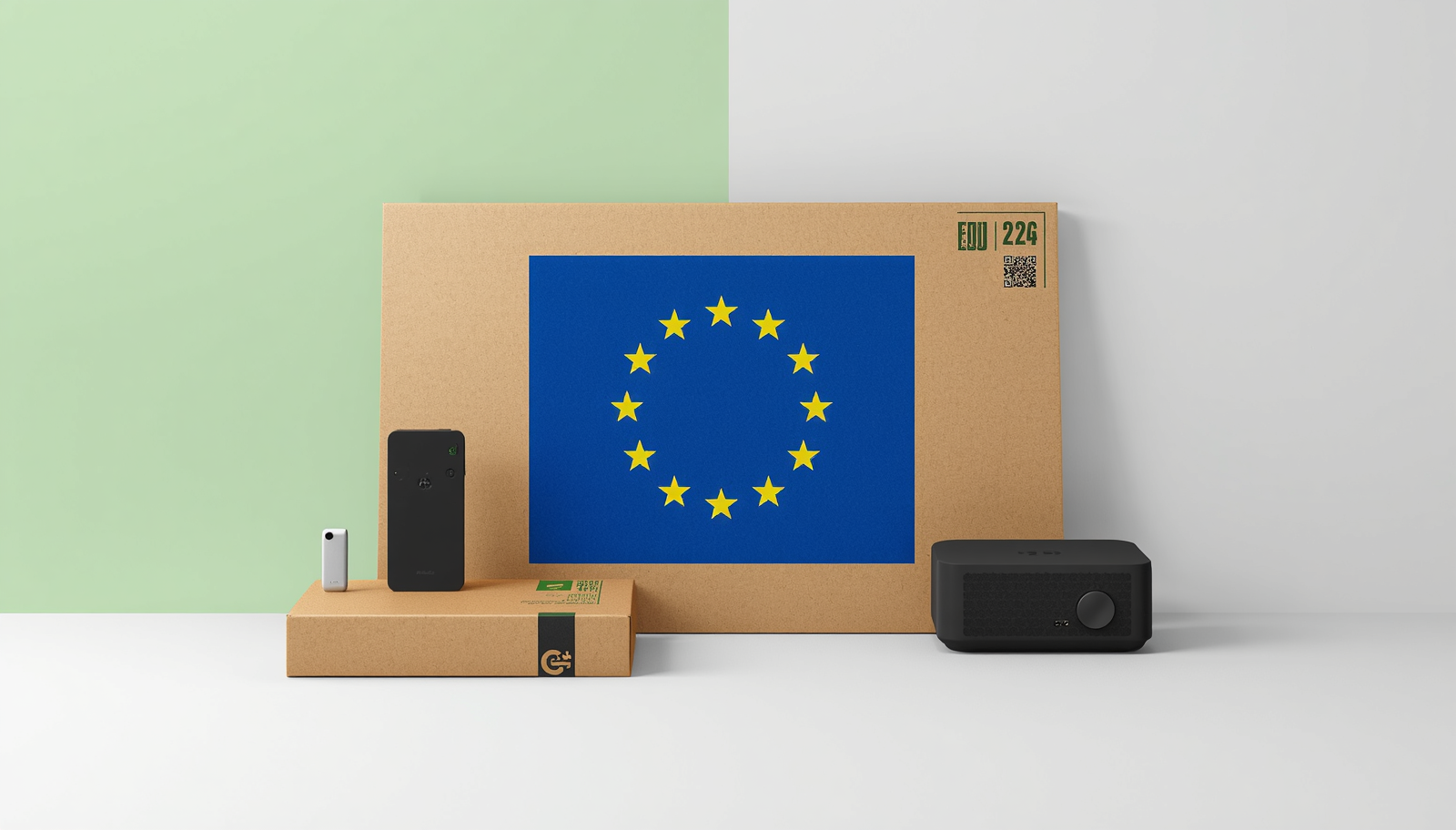 Flaga Unii Europejskiej, opakowania z tektury, elektronika obok, minimalistyczny styl, zielone akcenty, profesjonalny charakter, biało-jasnozielone tło