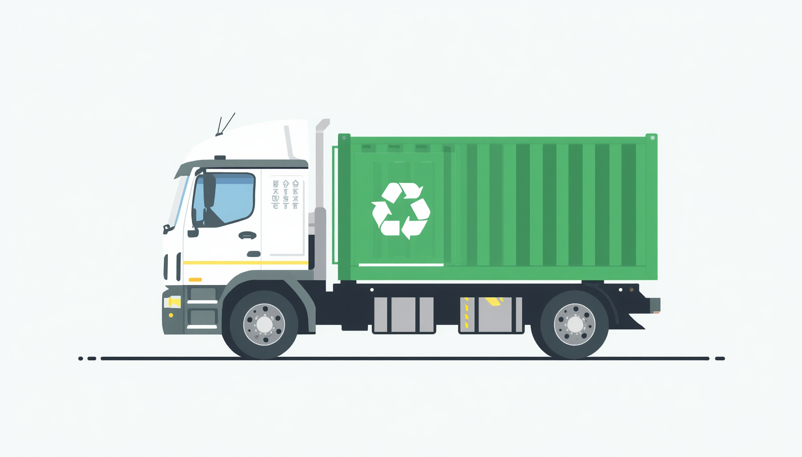 Ilustracja pojazdu do transportu odpadów, ciężarówka z kontenerem, minimalistyczny styl, zielone akcenty, profesjonalny charakter, czyste tło